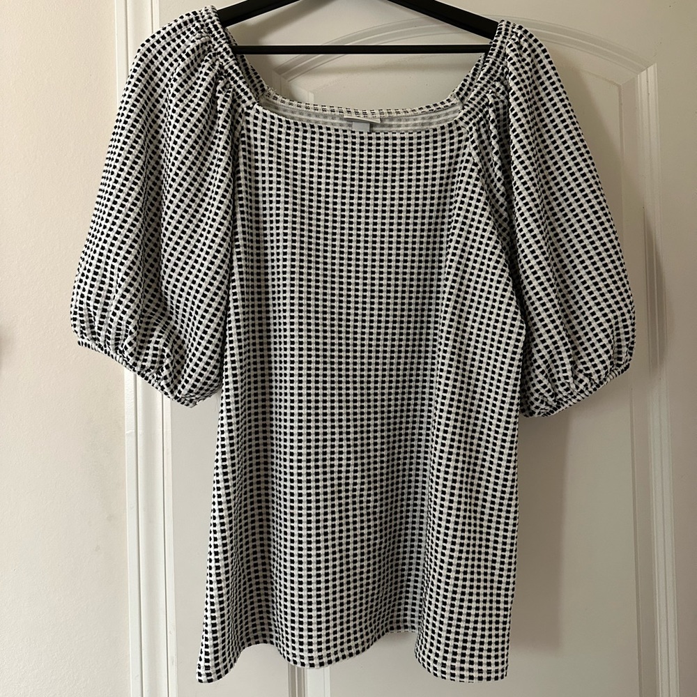 Preppy Black & White Puff Sleeve Off The Shoulder Stretchy Blouse Plus Size 1X